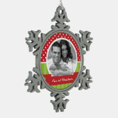 赤と緑のクリスマスカスタム写真 スノーフレークピューターオーナメント (左)