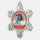 赤と緑のクリスマスカスタム写真 スノーフレークピューターオーナメント (右)