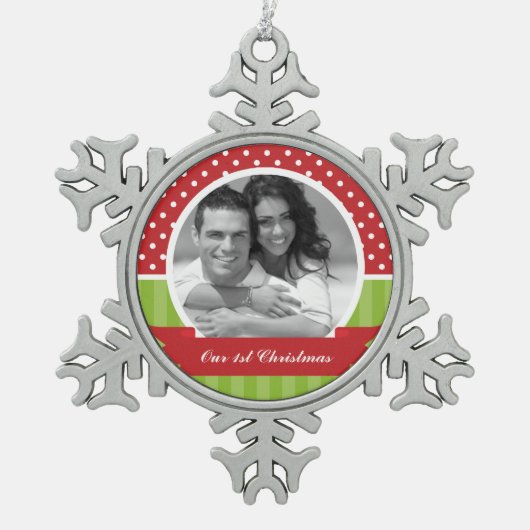 赤と緑のクリスマスカスタム写真 スノーフレークピューターオーナメント (正面)