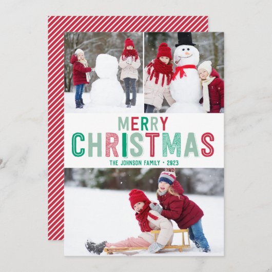 赤と緑のクリスマスカードと3枚の写真 シーズンカード (正面/裏面)