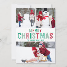 赤と緑のクリスマスカードと3枚の写真