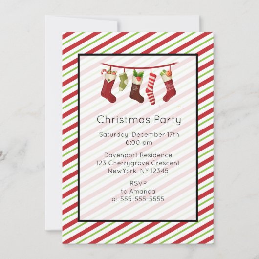 赤と緑のクリスマスストライプのパーティの招待状 招待状 (正面)