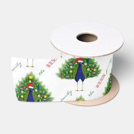 赤と緑のクリスマスツリーの孔雀模様 サテンリボン