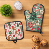 赤と緑のクリスマスパターン 鍋つかみ&鍋敷きセット (トップダウン)