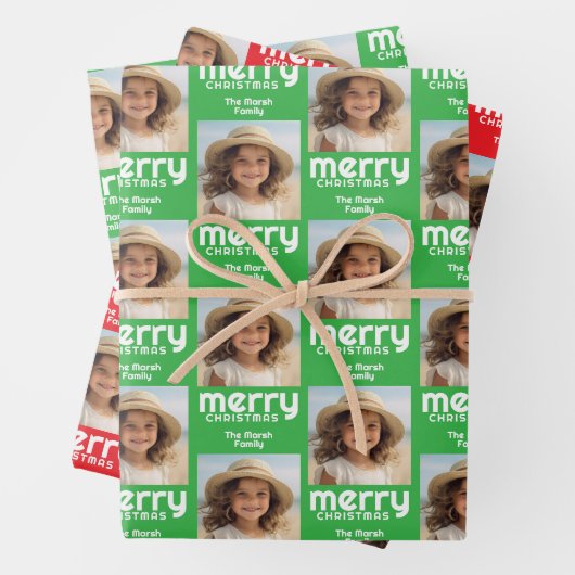 赤と緑のクリスマスフォトとタイプお洒落付き ラッピングペーパーシート (インサイチュ)