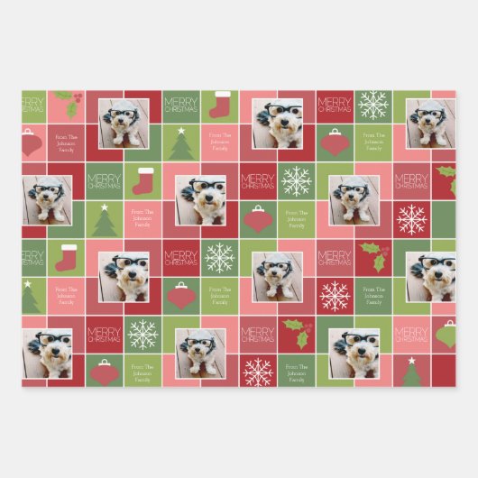 赤と緑のクリスマスフォトとタイプお洒落付き ラッピングペーパーシート (正面2)