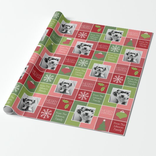 赤と緑のクリスマスフォトとタイプお洒落付き ラッピングペーパー (アンロールド)
