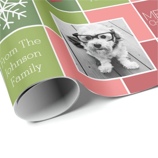 赤と緑のクリスマスフォトとタイプお洒落付き ラッピングペーパー (ロールコーナー)