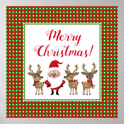 赤と緑のクリスマスプレイド サンタクロースとトナカイ ポスター (正面)