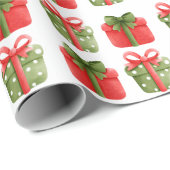 赤と緑のクリスマスプレゼント白いラッピング紙 ラッピングペーパー (ロールコーナー)