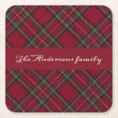 赤と緑のクリスマスプレッドファミリー名 スクエアペーパーコースター (正面)
