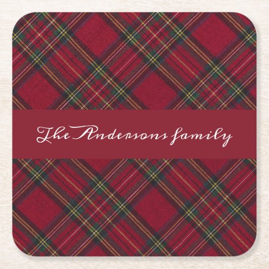 赤と緑のクリスマスプレッドファミリー名 スクエアペーパーコースター (正面)