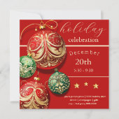 赤と緑のクリスマスホリデーオーナメントパーティー 招待状 (正面)