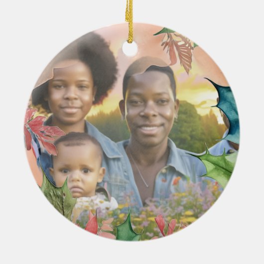 赤と緑のクリスマスホリデーメモリアル写真 セラミックオーナメント (裏面)