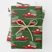赤と緑のクリスマスホリデーヴィンテージトラック ラッピングペーパーシート (インサイチュ)