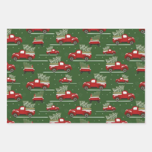 赤と緑のクリスマスホリデーヴィンテージトラック ラッピングペーパーシート (正面)