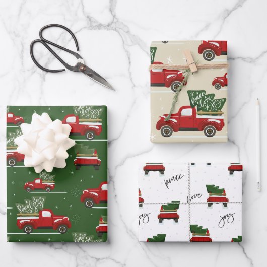 赤と緑のクリスマスホリデーヴィンテージトラック ラッピングペーパーシート (正面)
