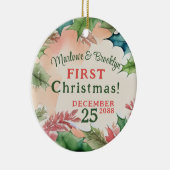 赤と緑のクリスマスホリデー婚約写真 セラミックオーナメント (右)