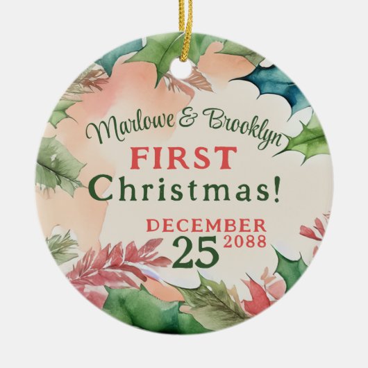 赤と緑のクリスマスホリデー婚約写真 セラミックオーナメント (正面)