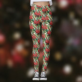 赤と緑のクリスマスホリーパターン レギンス