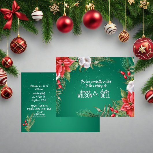 赤と緑のクリスマスポインセチアの結婚式 インビテーションポストカード