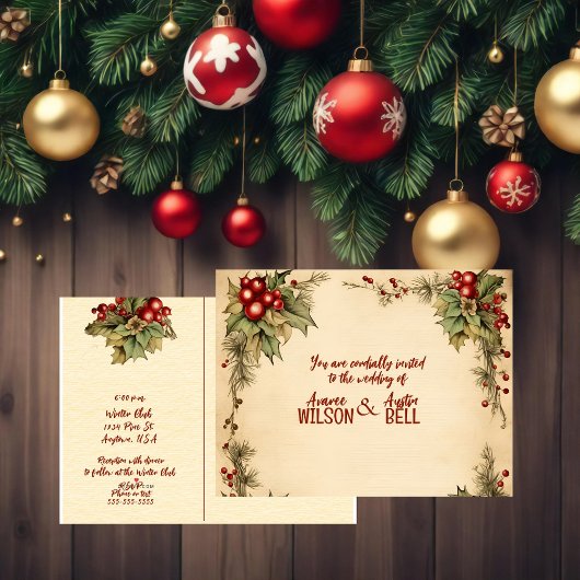 赤と緑のクリスマスポインセチアの結婚式 インビテーションポストカード