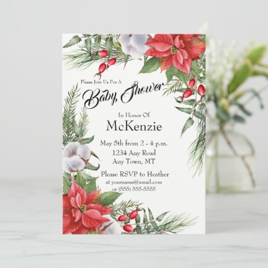 赤と緑のクリスマスポインセチア赤ちゃんシャワー 招待状 (スタンド正面)