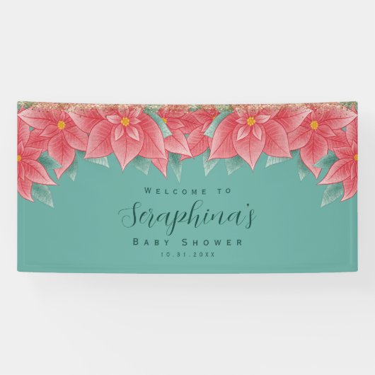 赤と緑のクリスマスポインセチア赤ちゃんシャワー 横断幕 (横)