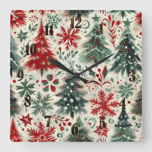 赤と緑のクリスマスモチーフのコラージュ スクエア壁時計 (正面)