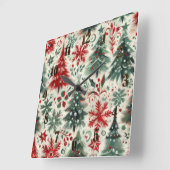 赤と緑のクリスマスモチーフのコラージュ スクエア壁時計 (傾斜)