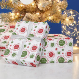 赤と緑のクリスマスリースパターン ラッピングペーパー