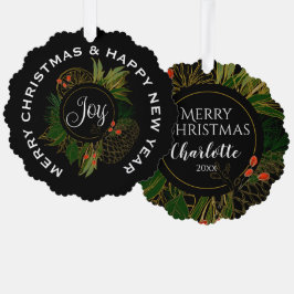 赤と緑のクリスマスリースパーソナライズされた、 オーナメントカード