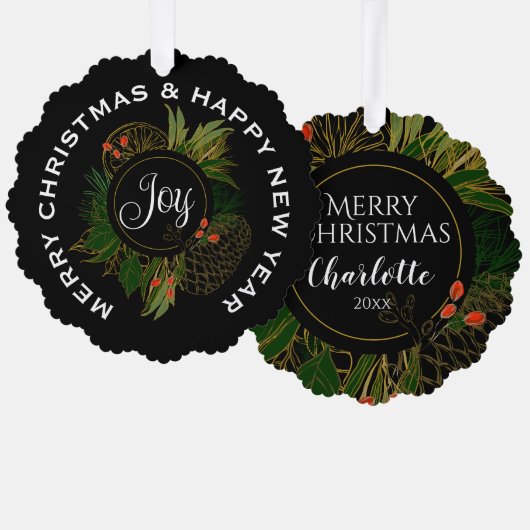 赤と緑のクリスマスリースパーソナライズされた、 オーナメントカード (正面/裏面)