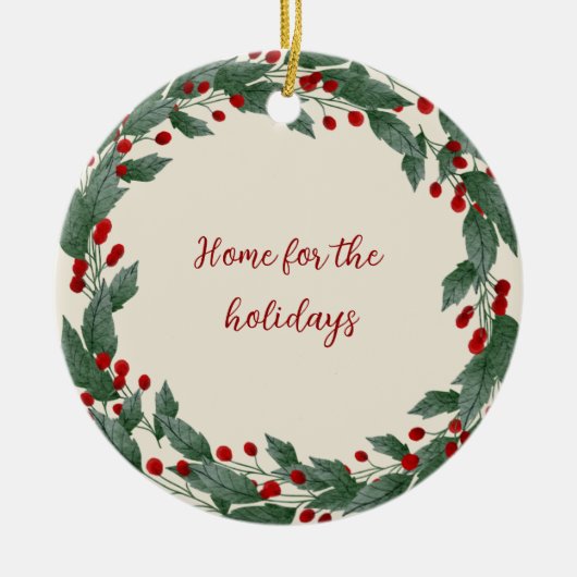 赤と緑のクリスマスリース セラミックオーナメント (正面)