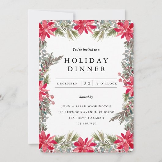 赤と緑のクリスマスリーフのディナーパーティー 招待状 (正面)