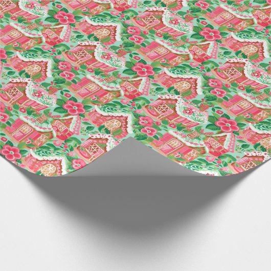 赤と緑のクリスマス名門私立校風のジンジャーブレッドハウス ラッピングペーパー (角)