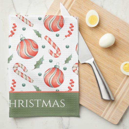 赤と緑のクリスマス球根パターンモノグラム キッチンタオル (四つ折り)