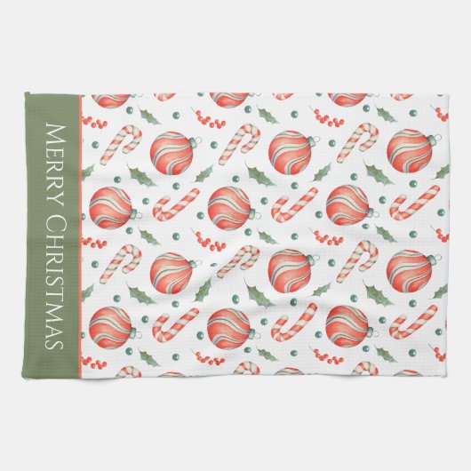 赤と緑のクリスマス球根パターンモノグラム キッチンタオル (横)