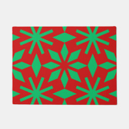 赤と緑のクリスマス スノーフレーク模様 ドアマット