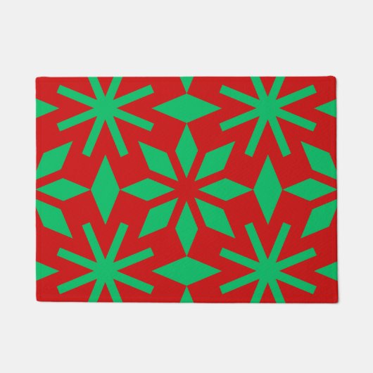 赤と緑のクリスマス スノーフレーク模様 ドアマット (正面)