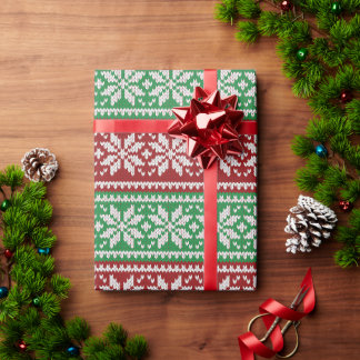 赤と緑のクリスマス スノーフレーク ニット ホリデー ラッピングペーパー