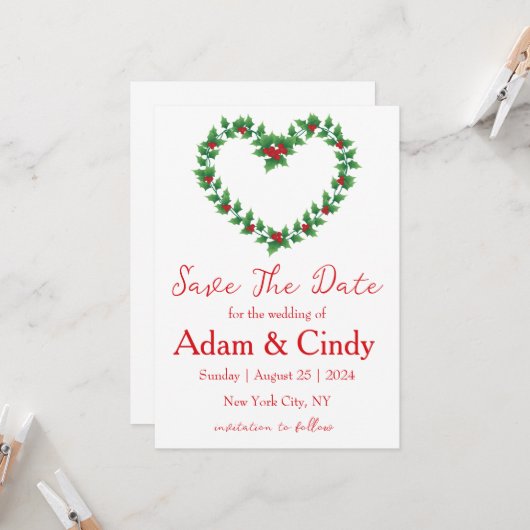 赤と緑のクリスマス・セーブ・ザ・デートカード 招待状 (正面/裏面インサイチュ)