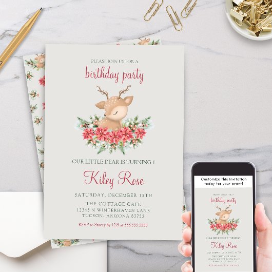 赤と緑のクリスマス ポインセチア 鹿の誕生日 招待状