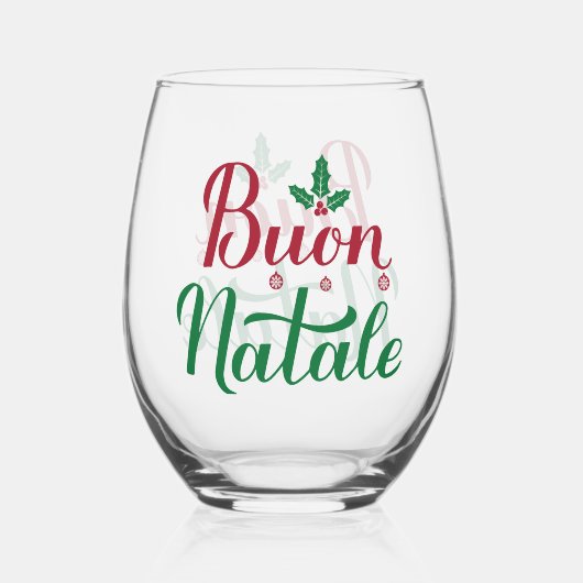 赤と緑のクリスマス Buon Natale ステムなしワイングラス (正面)