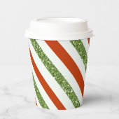 赤と緑のグリッターと白のストライプのホリデーシーズン 紙コップ (正面)
