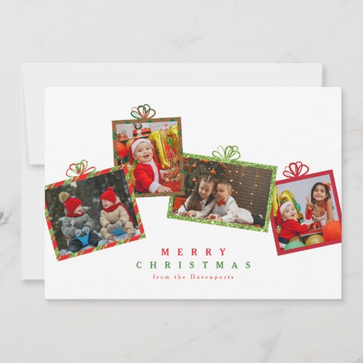 赤と緑のグリッター写真ギフトボックスクリスマス シーズンカード (正面)