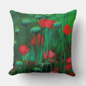 赤と緑のケシ、フローラアートテンプレート花 クッション (正面)