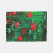 赤と緑のケシ、フローラアートテンプレート花 フリースブランケット (正面(横))