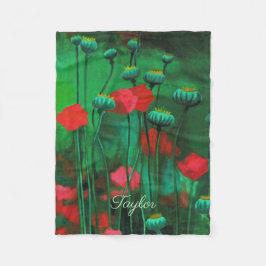 赤と緑のケシ、フローラアートテンプレート花 フリースブランケット