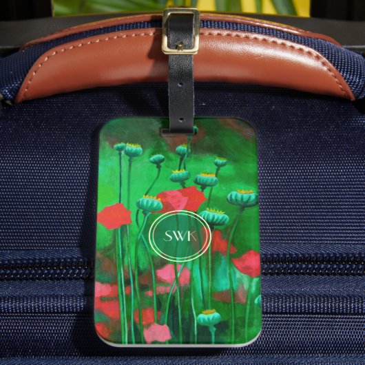 赤と緑のケシ、フローラアートテンプレート花 ラゲッジタグ (正面インサイチュ2)